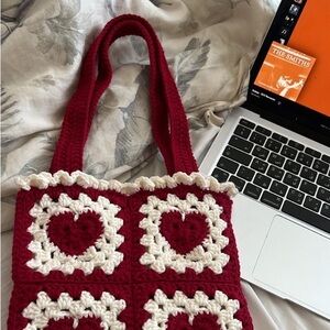 Handmade Red and White Valentines day Crochet Tote Bag